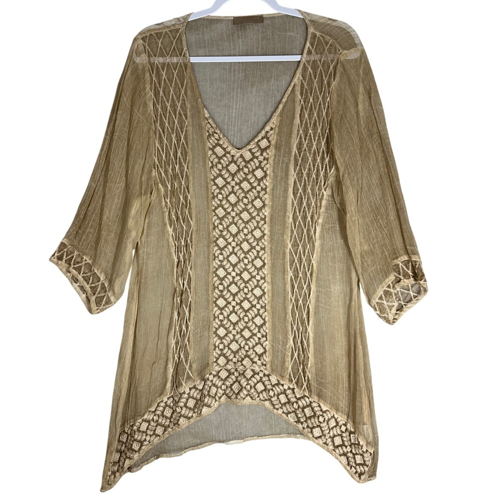 YOUVAN Sheer Crochet Trim Tunic Top Sz M Kimono Style Asymmetric Boho Artsy